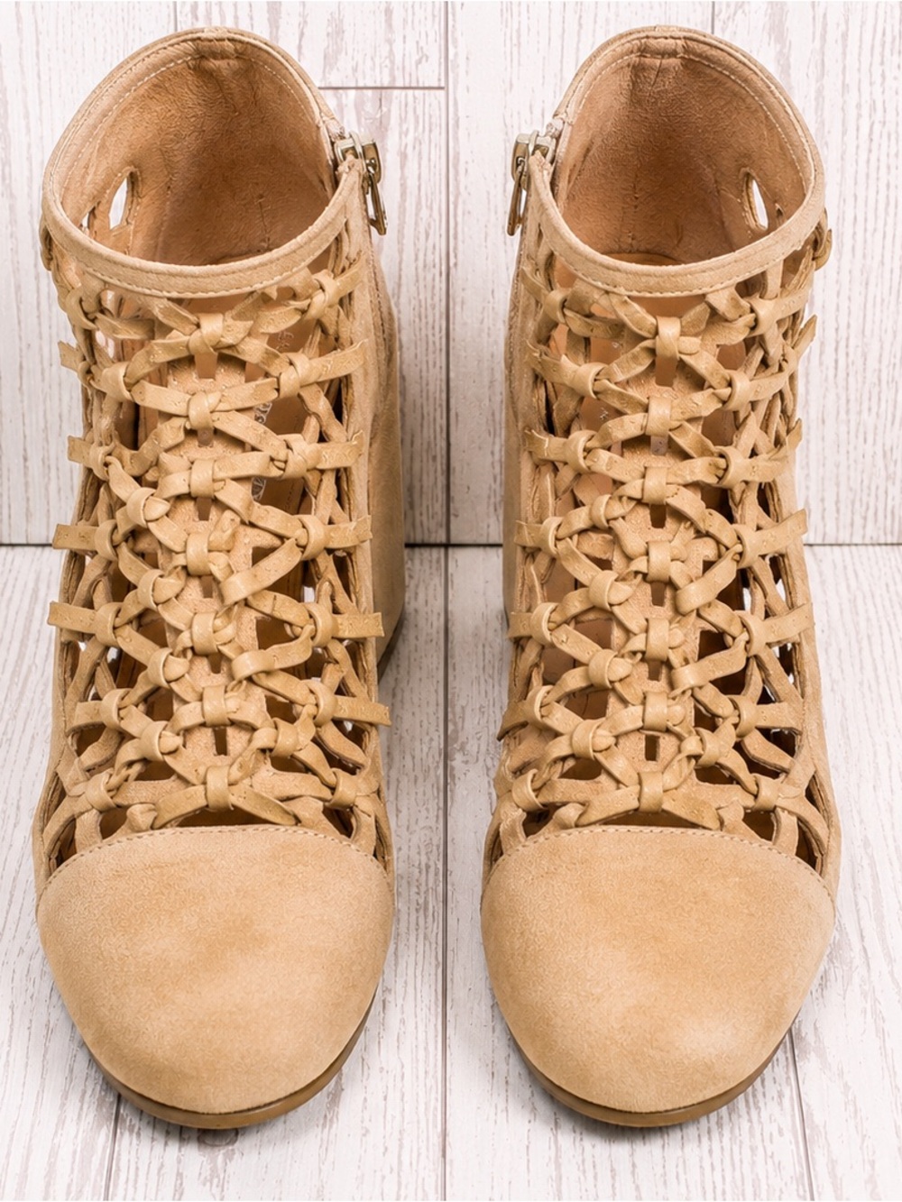 Suede Lattice Block Heel Booties